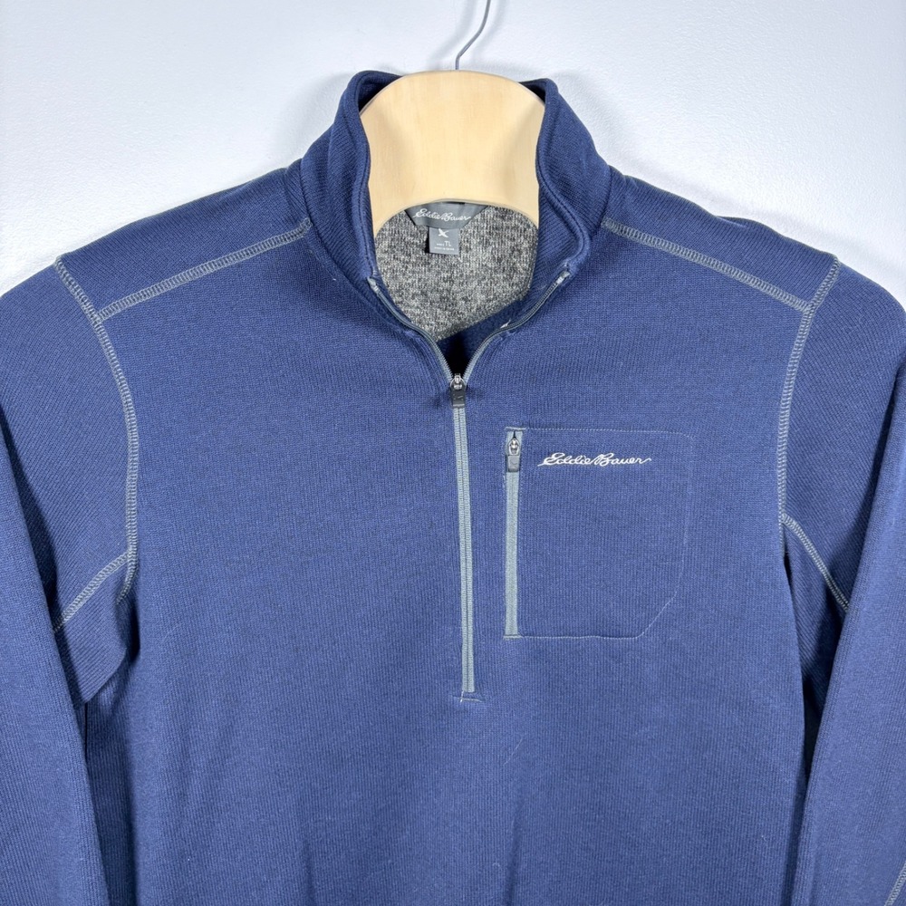 Eddie Bauer Mens Navy Blue Quarter Zip Fleece Lined Sweater Pullover TL Tall
